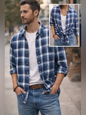 Boston Traders Plaid Button Down Shirt Blue White Cotton Size Large men’s unisex